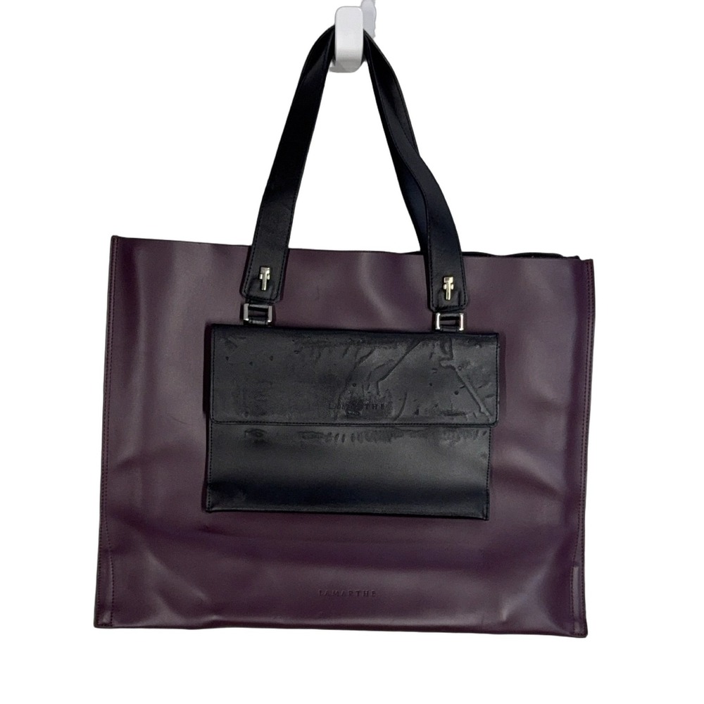LAMARTHE Large Leather Tote Bag Dark Purple Black Silver Hardware 16x13